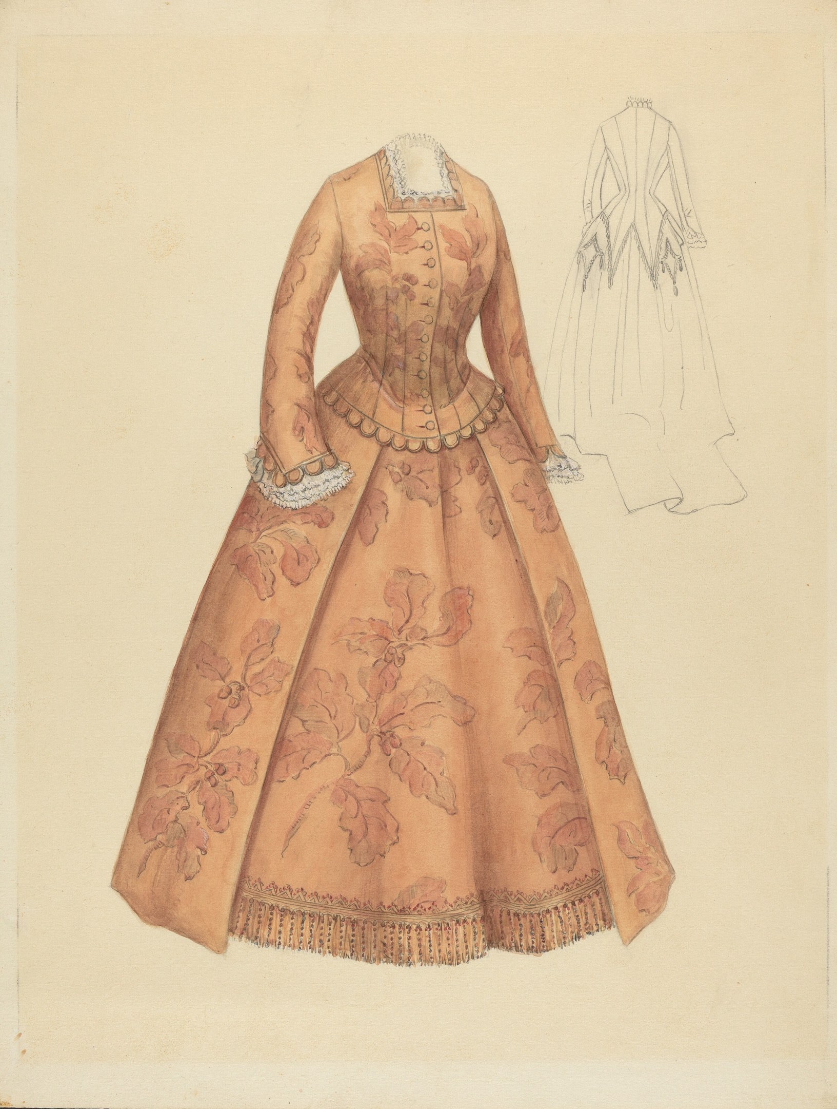 Ein detailliertes Kostümdesign aus dem 18. Jahrhundert, das ein bodenlanges Kleid mit hohem Kragen, einem floral gemusterten Oberteil in Rosa, Lila und Blau und einem Spitzenbesatz am Rock zeigt.