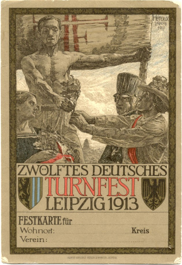 Plakat für das Zwölfte Deutsche Turnfest Leipzig 1913, das eine zentrale Gruppe von Menschen und deutschen Text zeigt, der das Ereignis ankündigt.