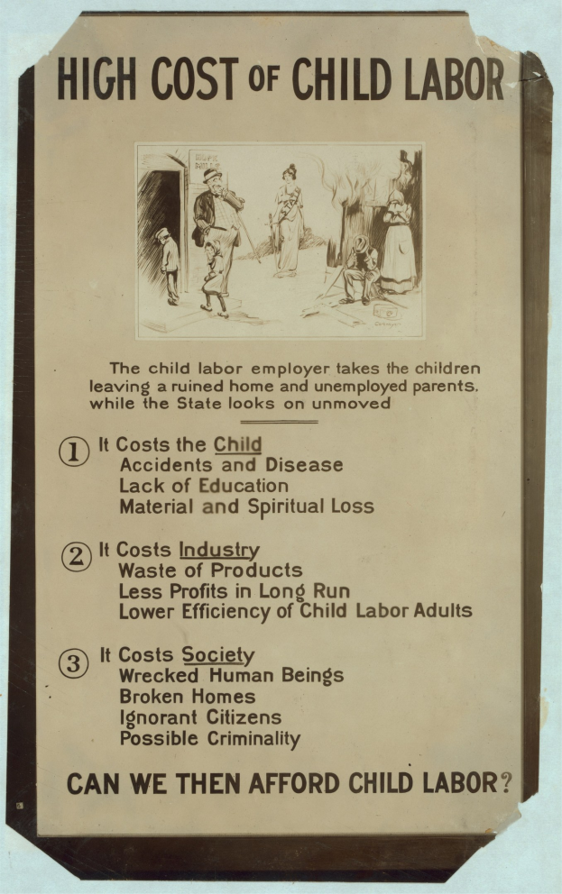 Plakat mit der Aufschrift "Hohe Kosten der Kinderarbeit" auf blauem Hintergrund, weißer Text und weißem Rand, mit einem kreisförmigen Arrangement von Fotos verschiedener Menschen um den Titel.
