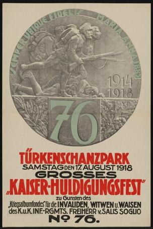 Plakat zum 70. Jubiläum des Kaiser-Huldigungsfestes in Berlin, Deutschland, mit einer Gruppe von Menschen, umgeben von Text und Zahlen in einem gerahmten Design.