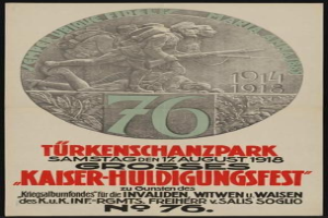 Plakat zum 70. Jubiläum des Kaiser-Huldigungsfestes in Berlin, Deutschland, mit einer Gruppe von Menschen, umgeben von Text und Zahlen in einem gerahmten Design.