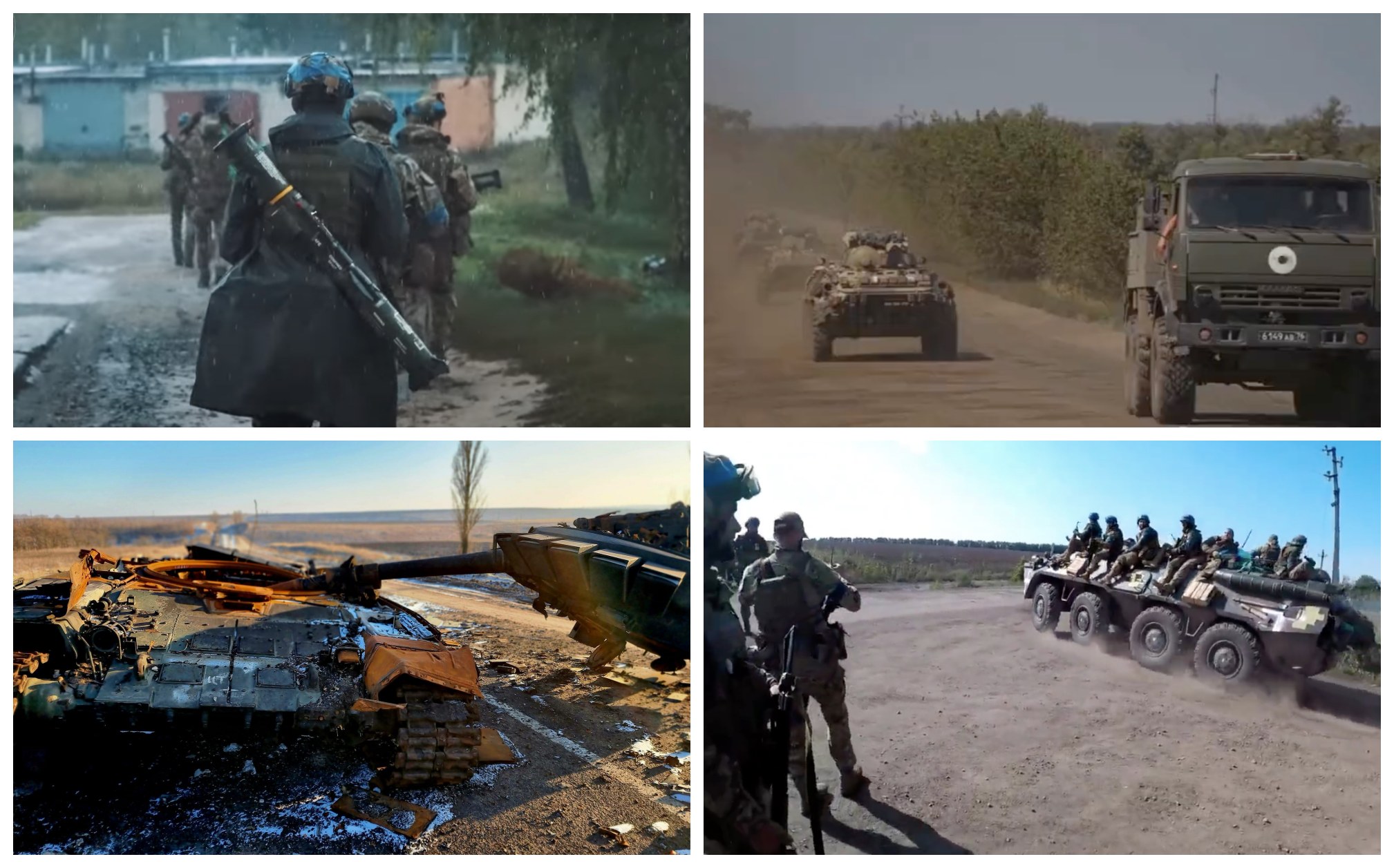 Vier-Panel-Collage, die ukrainische Soldaten in Aktion zeigt: eine Gruppe in Helmen mit Gewehren in der Nähe von Fahrzeugen und Gebäuden, ein Panzer auf der Straße, Soldaten in Fahrzeugen und ein zerstörtes Fahrzeug.