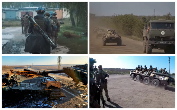 Vier-Panel-Collage, die ukrainische Soldaten in Aktion zeigt: eine Gruppe in Helmen mit Gewehren in der Nähe von Fahrzeugen und Gebäuden, ein Panzer auf der Straße, Soldaten in Fahrzeugen und ein zerstörtes Fahrzeug.