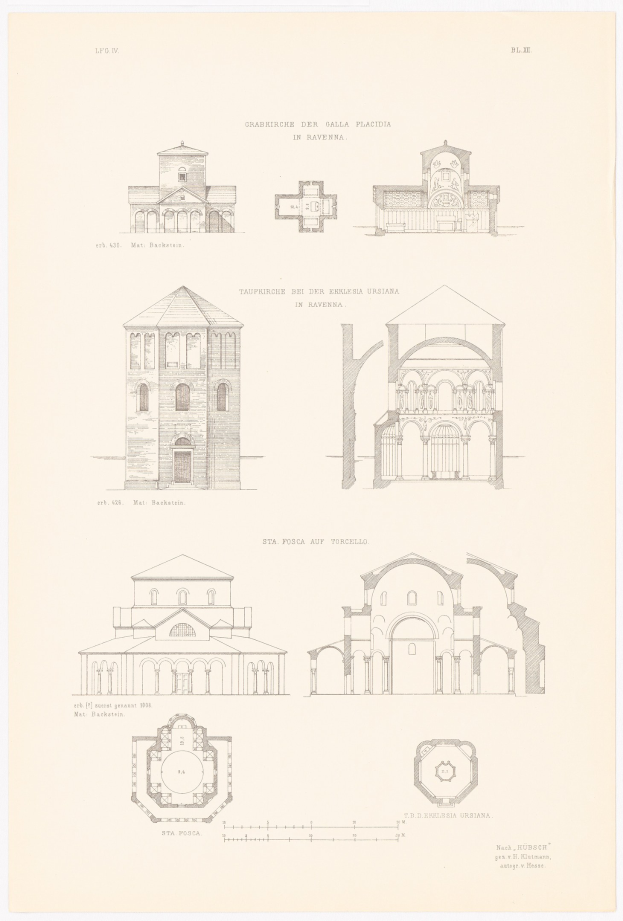 Eine Buchseite mit detaillierten Zeichnungen verschiedener Gebäude mit einzigartiger Architektur, begleitet von erklärendem Text über die Geschichte der Stadt.
