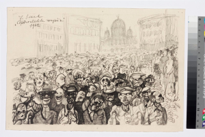 Schwarz-weiß-Zeichnung einer Menge, die vor einem hohen Gebäude protestiert, mit Text und Farbskalen auf der rechten Seite.