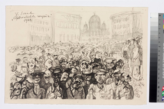 Schwarz-weiß-Zeichnung einer Menge, die vor einem hohen Gebäude protestiert, mit Text und Farbskalen auf der rechten Seite.