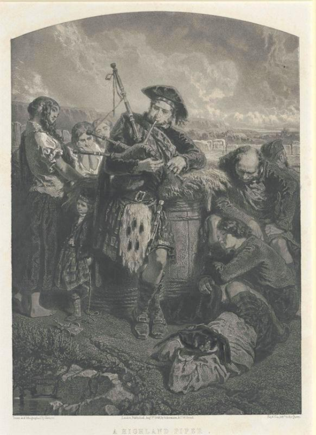 Schwarze und weiße Gravur eines Mannes, der eine Dudelsackpfeife vor einer Gruppe von Menschen spielt, mit einem bewölkten Himmel und der Inschrift "A Highland Pipe" unten.