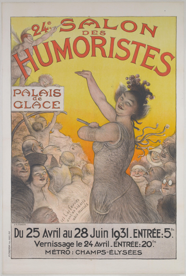 Plakat für den Salon des Humoristes in Paris, das eine Frau mit einer Menschenmenge zeigt, mit Veranstaltungstext.