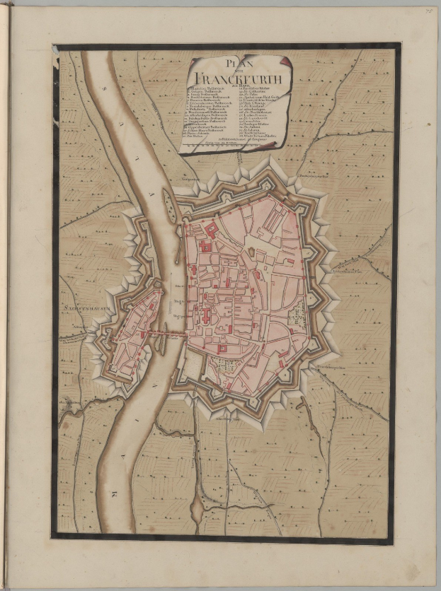 Ein altes Buch mit einer detaillierten Karte von Frankfurt, Deutschland, das Straßen, Gebäude und Sehenswürdigkeiten zeigt und von begleitendem Text mit zusätzlichen Informationen.