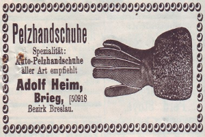 Alte deutsche Visitenkarte mit einer Illustration von Handschuhen und Text, der den Inhalt beschreibt.