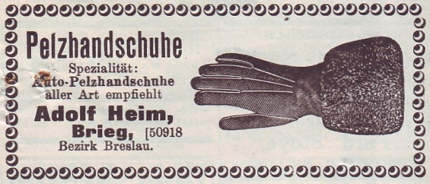 Alte deutsche Visitenkarte mit einer Illustration von Handschuhen und Text, der den Inhalt beschreibt.
