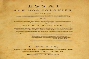 Titelblatt eines alten Buches namens "Essai sur nos Colonies, et sur l'Établissement de Saint Dominique", wahrscheinlich eine Sammlung von Essays zur französischen Kolonialgeschichte und Regionalkultur.