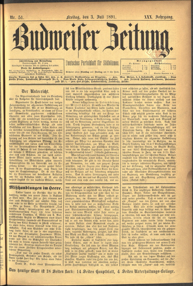 Alte Zeitung mit dem Titel "Budweiser Wetten" mit vergilbten Seiten und fettem schwarzem Druck