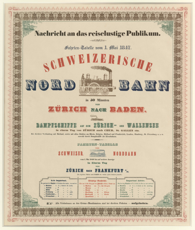 Plakat mit einem Zug in der Mitte, "Schweizerische Nordbahn in Baden, Deutschland" in fetter schwarzer Schrift auf einem hellgelben Hintergrund mit schwarzem und weißem Schachbrettmuster und dekorativem Rahmen.