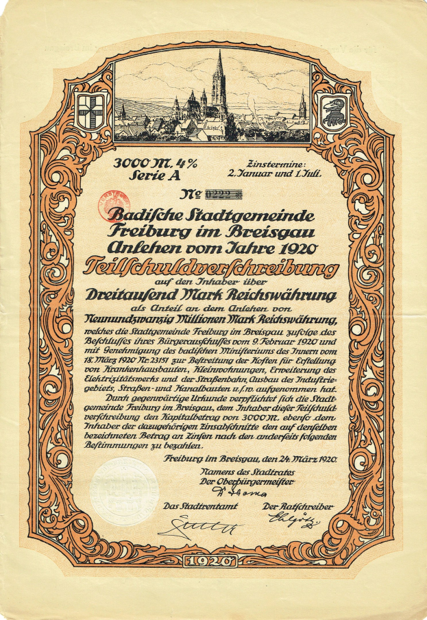 Altes deutsches Aktienzertifikat mit einer Stadtansicht und gedrucktem Text über die Herkunft der Aktie.