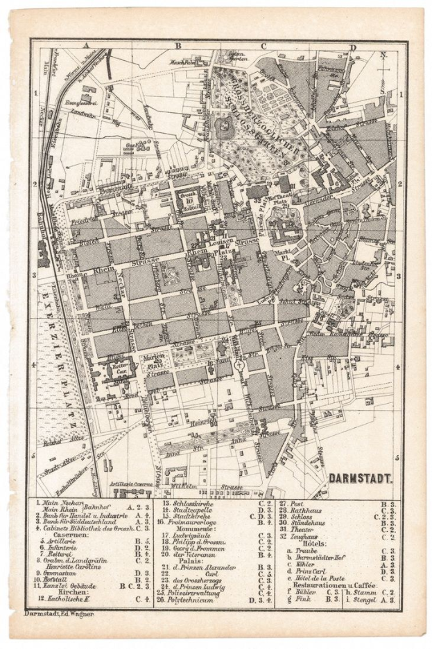 Alte detaillierte Karte von Darmstadt, Deutschland, zeigt Straßen, Gebäude und Sehenswürdigkeiten mit beschriftetem Text und Entfernungen.