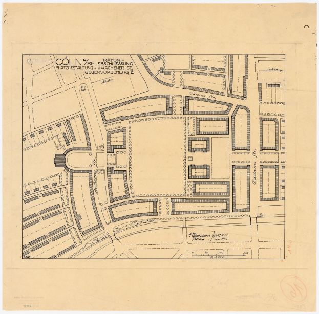 Alte Karte von Köln, Deutschland, mit handgeschriebenen Textanmerkungen auf altem Papier.