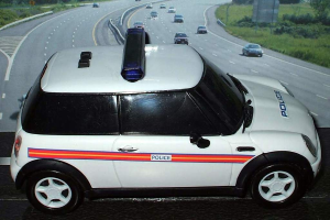 Ein weißer Polizeiwagen ist im Vordergrund mit vielen Autos auf der Straße dahinter, umgeben von Gras und Bäumen auf beiden Seiten.