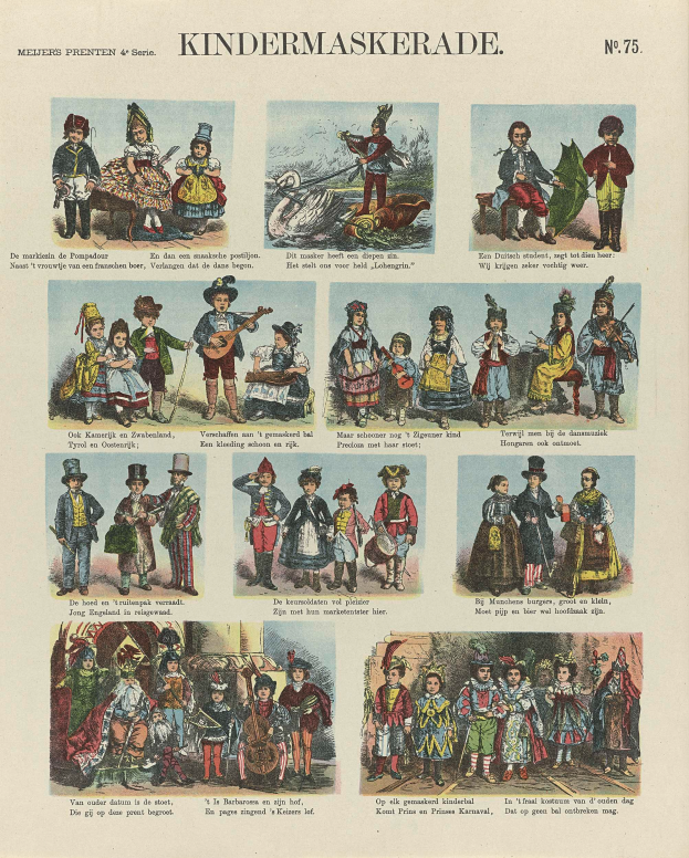 Ein Buch mit farbenfrohen Abbildungen von Kindern in verschiedenen Kostümen, einschließlich Masken und Hüten, mit begleitendem Text, der wahrscheinlich die Kostüme beschreibt.