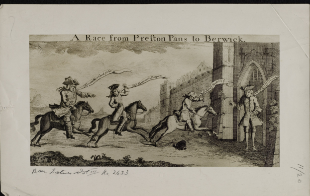 Eine historische Illustration eines Pferderennens von Preston Pans nach Berwick, mit Reitern mit Fahnen, einem Gebäude im Hintergrund und Text unten.