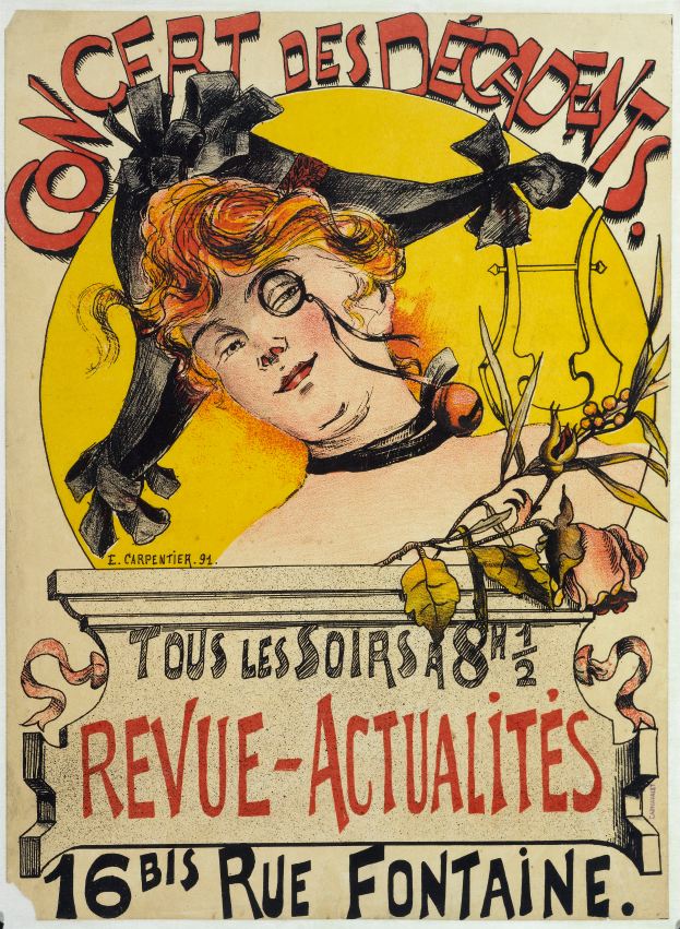 Ein Plakat, das ein Konzert der Decadents ankündigt und eine Frau mit einem menschlichen Gesicht sowie Text über das Ereignis zeigt.