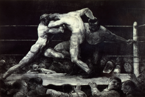 Zwei Boxer im Ring, die aufeinander einprügeln, während eine jubelnde Menge zuschaut.