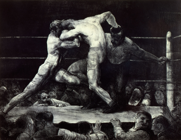 Zwei Boxer im Ring, die aufeinander einprügeln, während eine jubelnde Menge zuschaut.