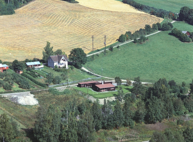 Luftaufnahme eines Bauernhofs in einer grünen Landschaft, umgeben von Bäumen, Häusern, Strommasten und einer gewundenen Straße.