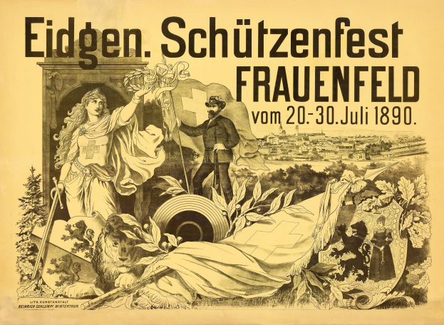 Plakat für das Eidgenössische Schützenfest in Frauenfeld, Deutschland, das einen Mann in einem Anzug und eine Frau in einem Kleid zeigt, die nebeneinander stehen, sowie Texte mit Veranstaltungdetails.