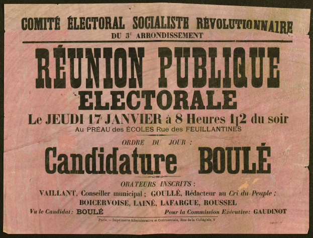 Alter Plakat mit schwarzem Hintergrund, der den Text 'Reunion Publique Electorale' in Weiß anzeigt.