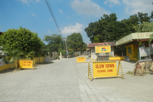 Eine Straße mit einem gelben "Slow Down School Zone"-Schild auf der linken Seite, geparkte Fahrzeuge auf der rechten Seite und Bäume, Gebäude, Pfosten, Drähte und Himmel im Hintergrund.