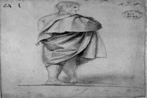 Eine Zeichnung eines römischen Soldaten in einem Umhang, der mit dem Rücken zum Betrachter steht, ein langes Gewand trägt, einen strengen Gesichtsausdruck hat, die Hände verschränkt und fest mit den Füßen auf dem Boden steht, während er in die Ferne schaut.