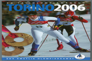Ein Plakat der Olympischen Spiele 2006 in Turin, Italien, das zwei Skifahrer auf Schnee mit "Torino 2006" darüber zeigt.
