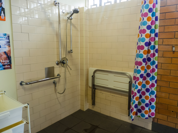 Ein barrierefreies Badezimmer mit Dusche, Handläufen, einem Vorhang, Wandplakaten, einem Ständer mit Tablett und einem Fenster.
