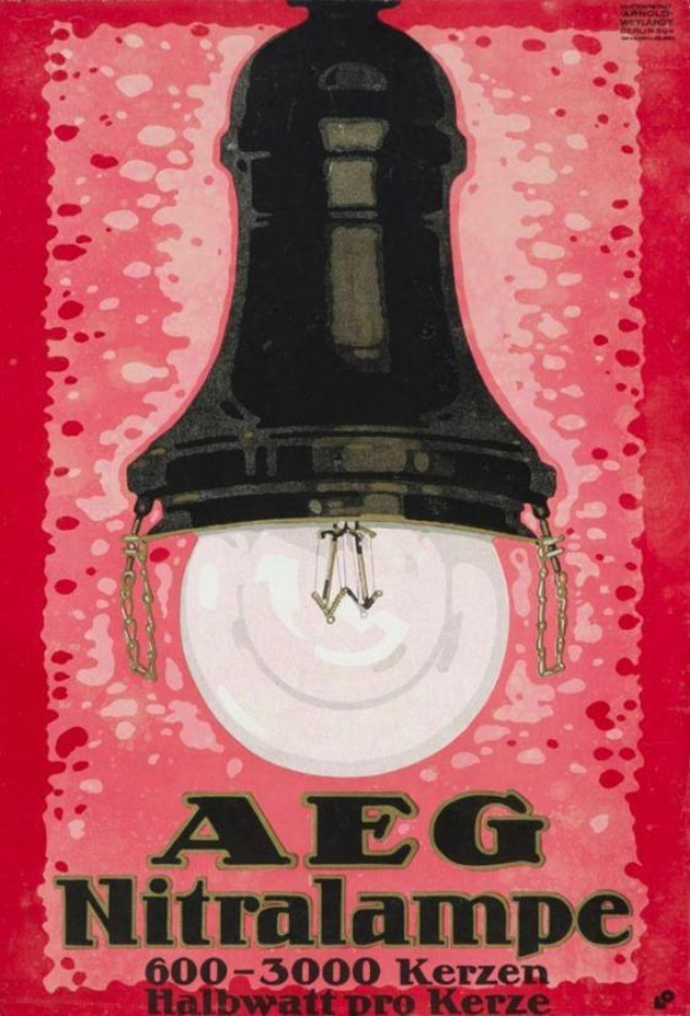 Plakat, das eine AEG Nitralampe-Glühlampe mit den Spezifikationen "600-3000 Kerzen Halbwatt Pro Kerze" ankündigt.
