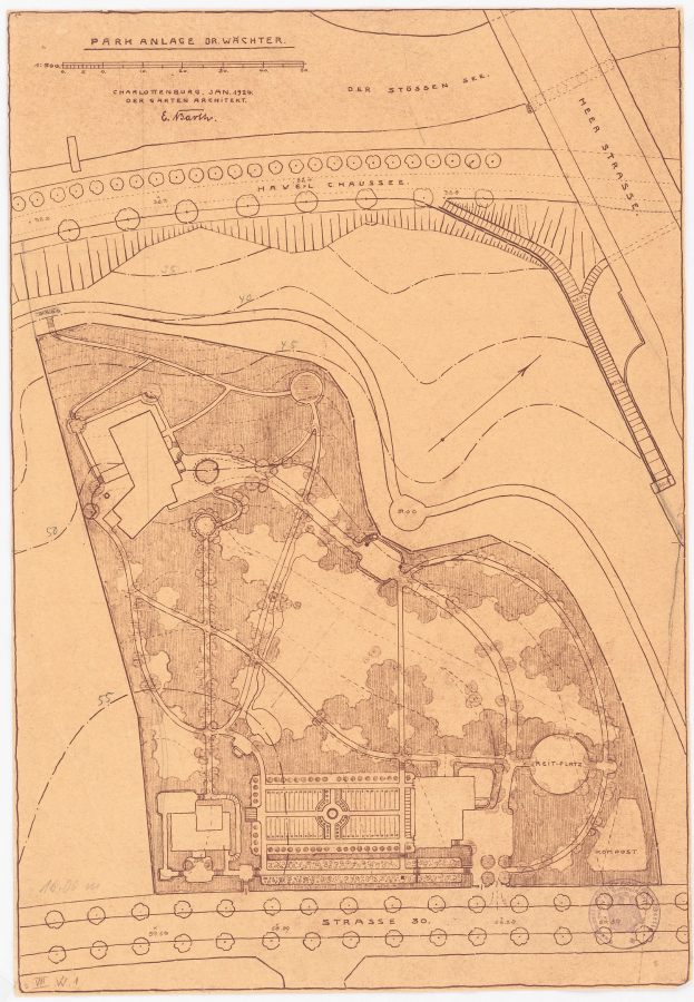 Alte Karte eines Parks mit dichtem Baumbestand und einem zentralen Gebäude, mit handgeschriebener Text auf altem Papier.