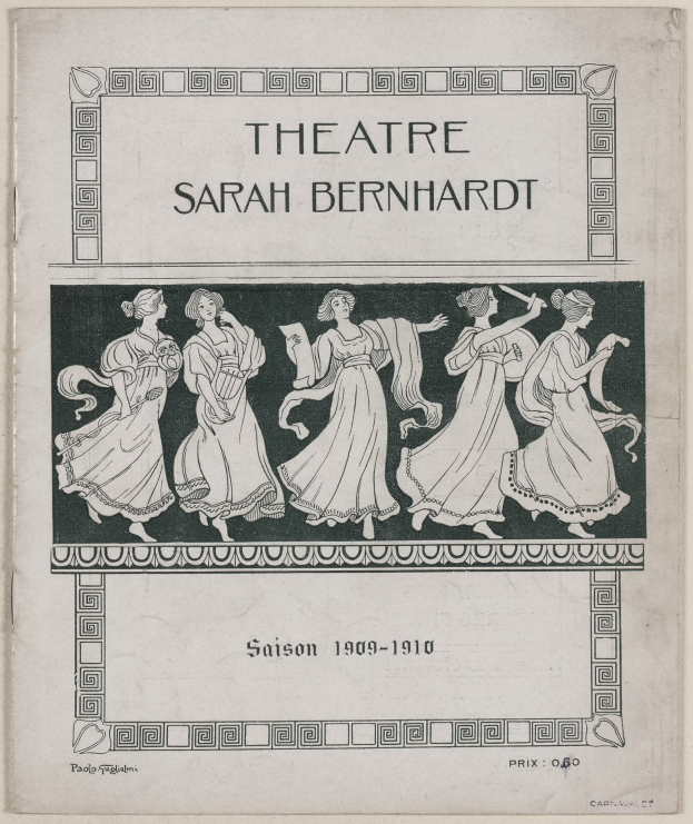 Plakat für das Theater Sarah Bernhardt aus dem Jahr 1909-1910, das eine Gruppe von Frauen in der Mitte zeigt, mit Text, der das Theater und seine Künstler beschreibt.