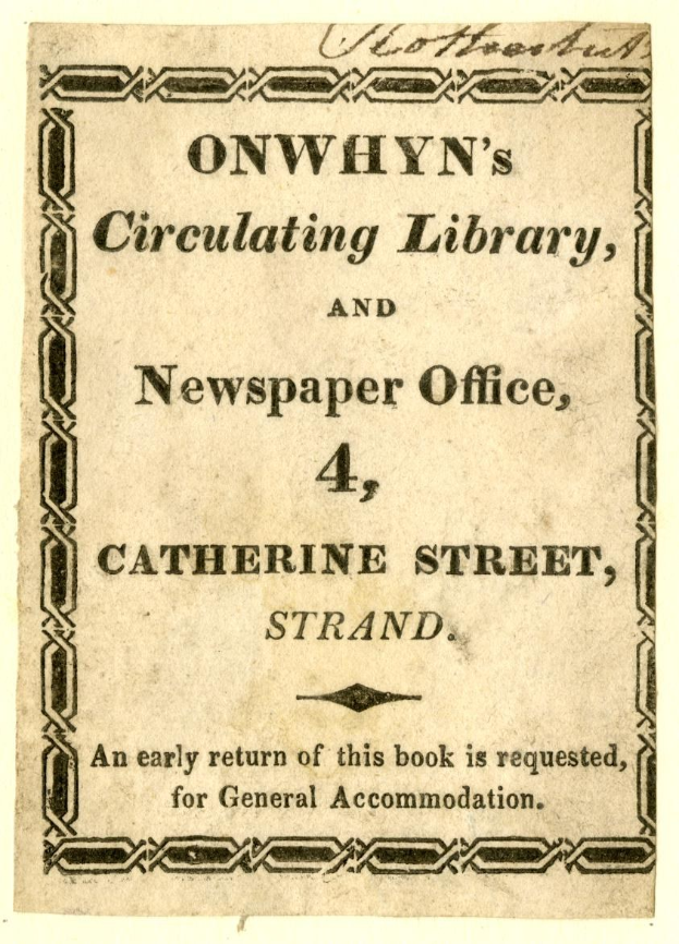 Schwarz-weißes Bild eines Papiers mit der Inschrift "Onwhyn's Circulating Library, and Newspaper Office, 4, Catherine Street, Strand".