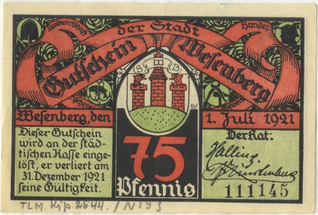 Alte deutsche Banknote mit einem Gebäude und dem Text "Bundesliga" sowie einem Logo auf weißem Hintergrund.