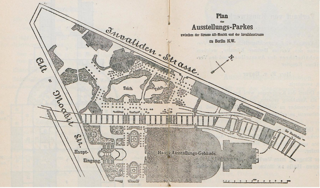Alte Karte von Berlin, Deutschland, die das Ausstellungs-Parkes Layout hervorhebt, auf Papier gedruckt mit zusätzlichem Text.