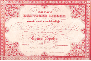 Ein altes deutsches Wertpapier mit rotem Rand und weißem Hintergrund, auf dem der Text 'Louis Spohr - Zweites Deutsches Lieder' steht.