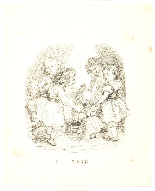 Eine Zeichnung von Kindern, die mit einem menschlichen Gesicht in der Mitte auf einem Papier mit Text spielen.