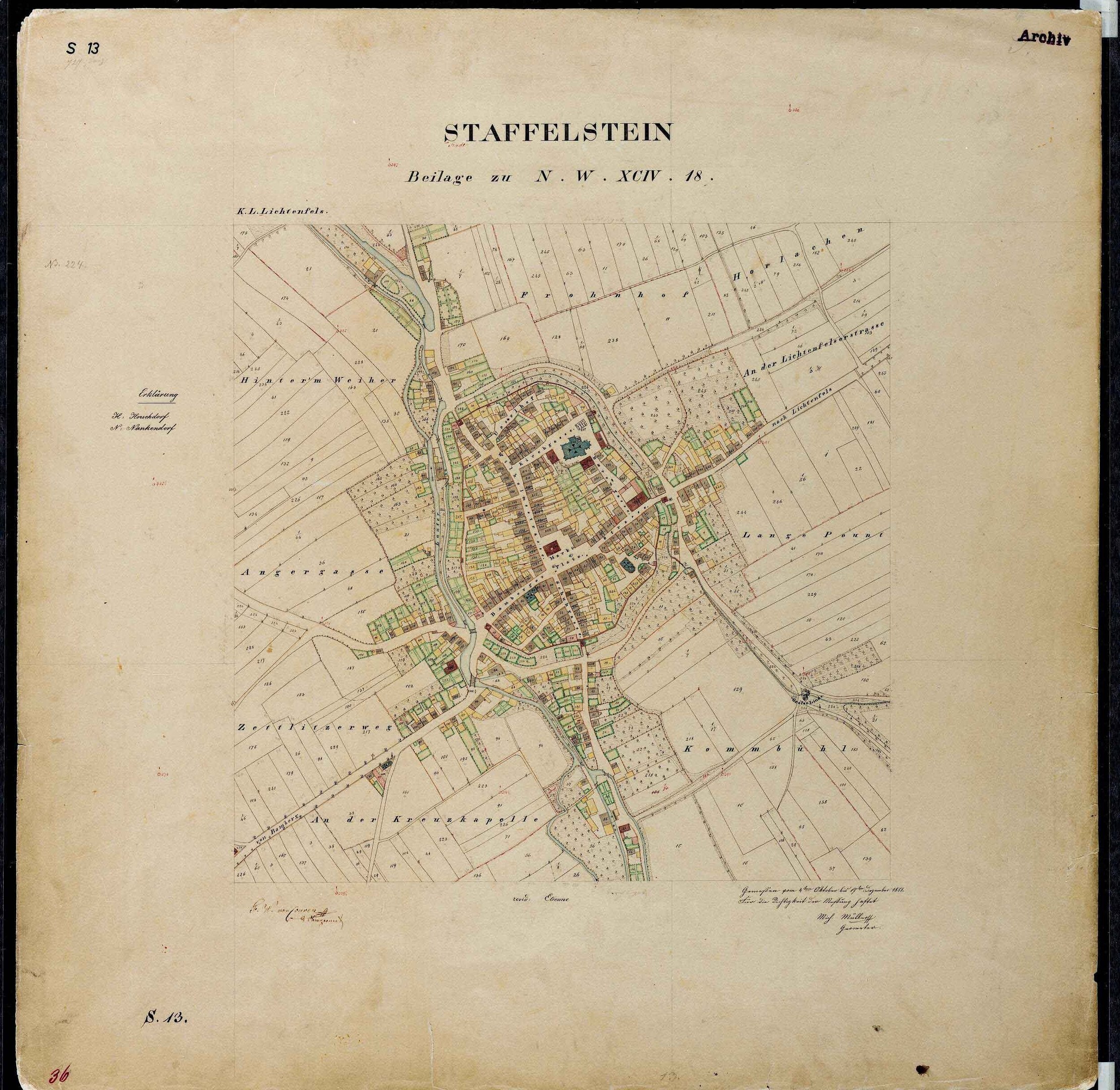 Detaillierte alte Karte von Staffelstein, Deutschland, mit Straßen, Gebäuden und Sehenswürdigkeiten auf schwarzem Hintergrund.
