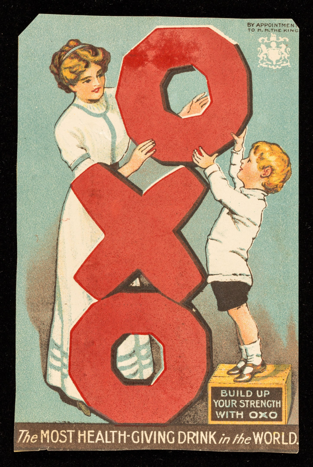 Plakat mit einer Frau und einem Jungen nebeneinander, jeder hält eine große Zahl, mit dem Text "Das gesündeste Getränk der Welt" und hellen, fröhlichen Farben.