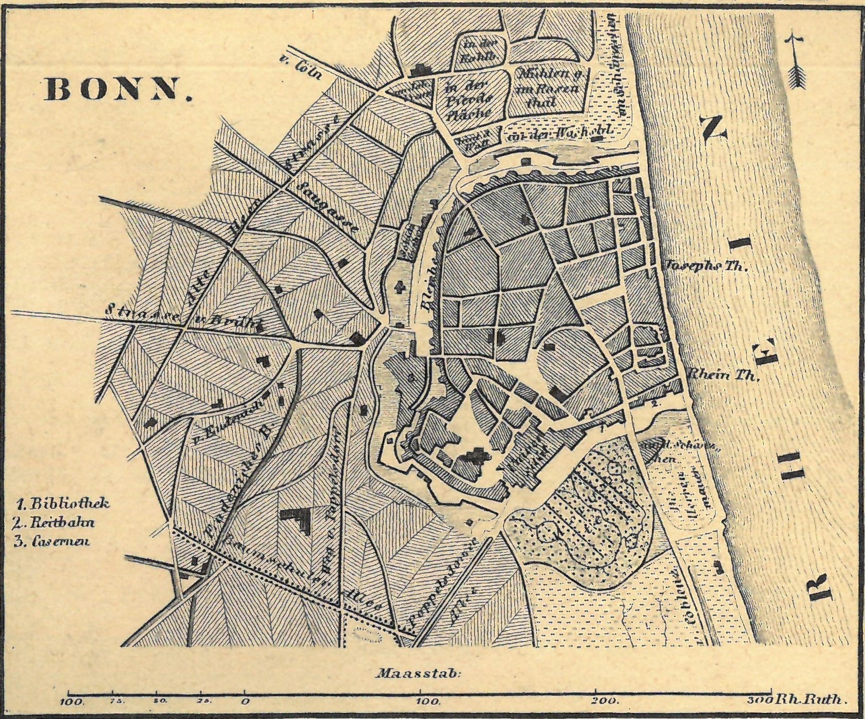 Detailiertes altes Stadtplan von Bonn, Deutschland, zeigt Stra├čen, Geb├Ąude und Landmarken mit Textanmerkungen.