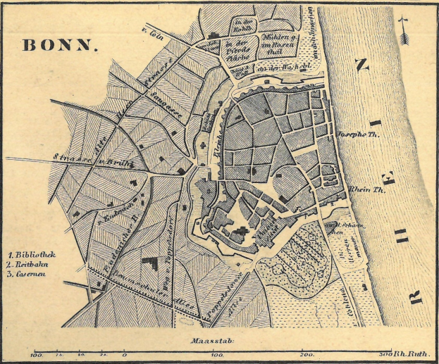 Detailiertes altes Stadtplan von Bonn, Deutschland, zeigt Stra├čen, Geb├Ąude und Landmarken mit Textanmerkungen.