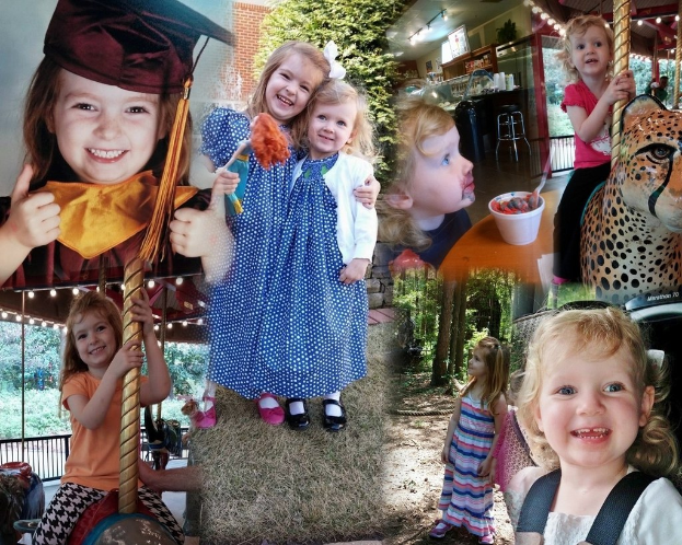 Collage mit lustigen Fahrgeschäften, Kindern an einem Tisch mit Essen und Besteck, Außenbereichen wie Lichtern, Bäumen und Gras sowie diversen Gegenständen wie einem Seil und Hut.