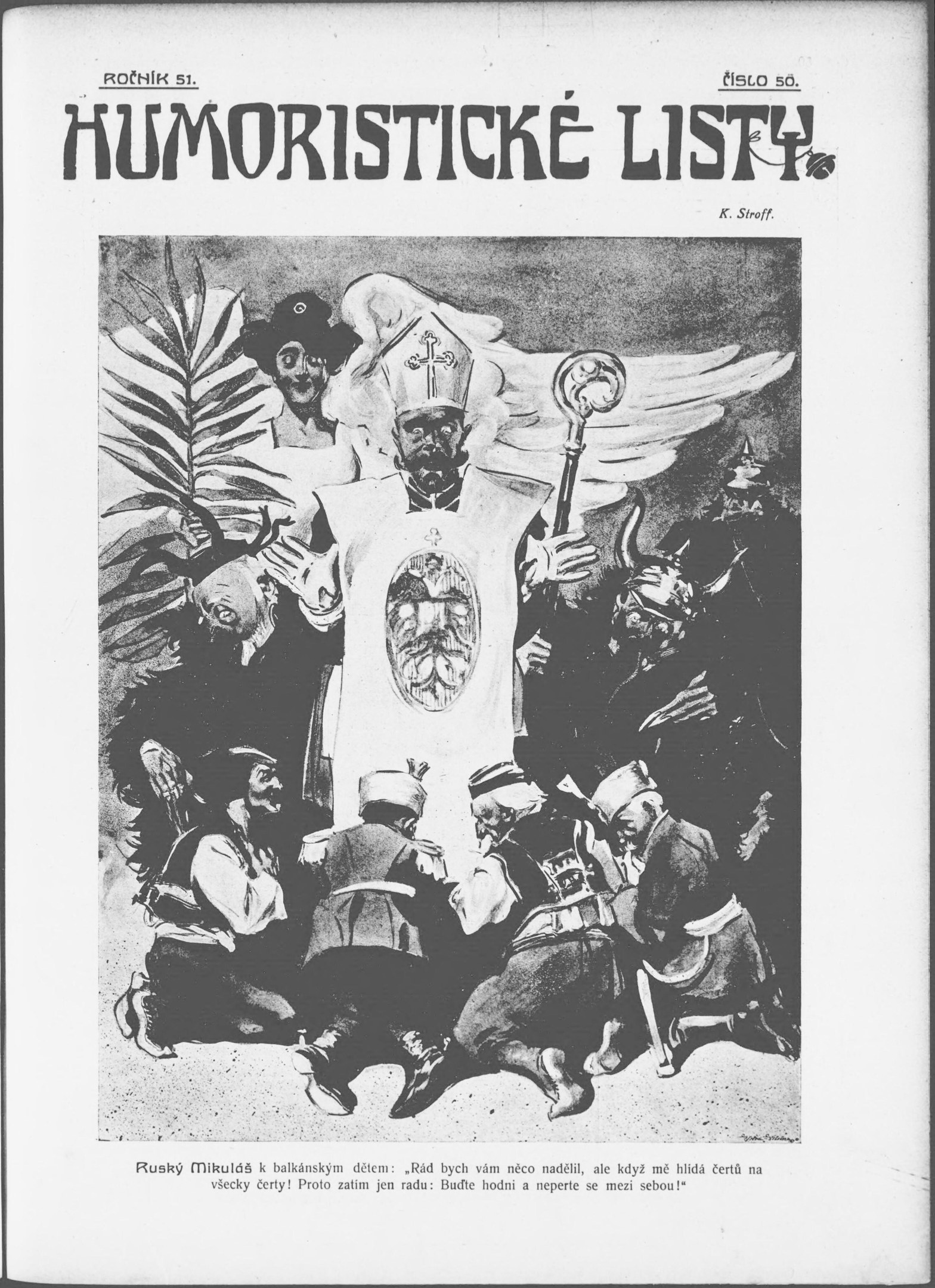 Schwarzes und weißes Foto einer Gruppe von Menschen, die sich um ein Plakat im Retro-Stil versammeln, das "Humoristische Liste" betitelt ist.