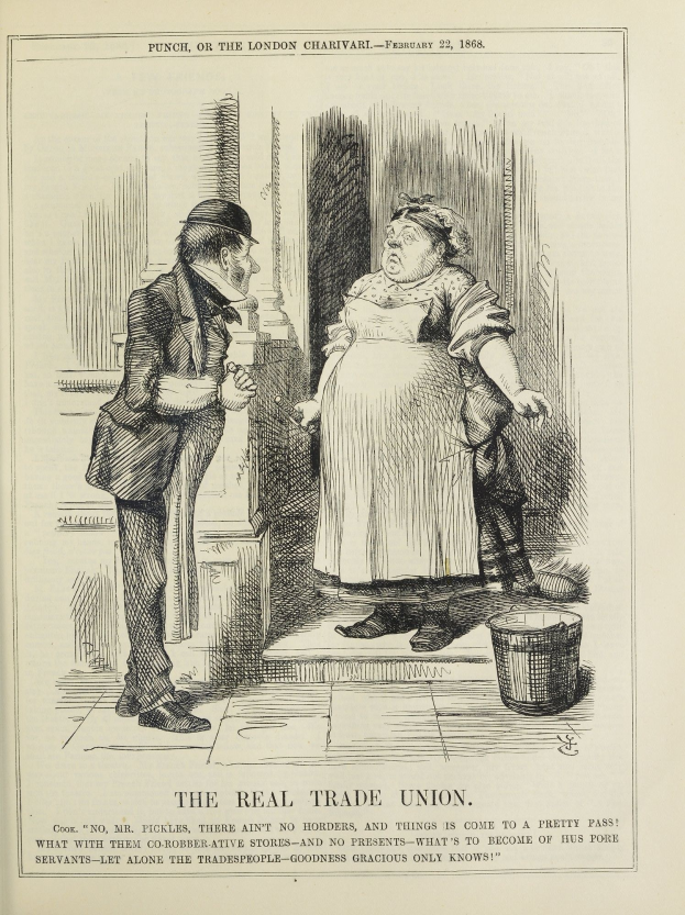 Papier mit einer handgezeichneten Abbildung eines Mannes und einer Frau neben einem Eimer, mit Text unten: "Die Echte Gewerkschaft".