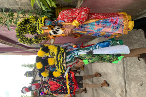 Eine Gruppe von Menschen in farbenfrohen Kostümen steht zusammen vor einem Gebäude, mit verschiedenen Gegenständen in der Hand, vor einem Hintergrund aus Bäumen, Gebäuden und einem klaren blauen Himmel während eines Karnevalsumzugs.